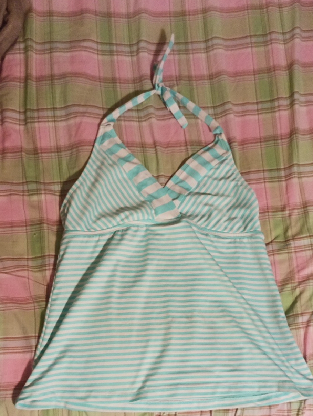 Moschino Aqua and White Striped Halter Swim Top